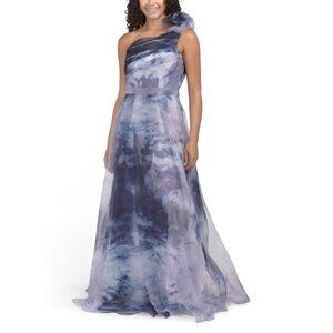 RENE BY RENE RUIZ Cobalt One Shoulder Printed Organza Gown
